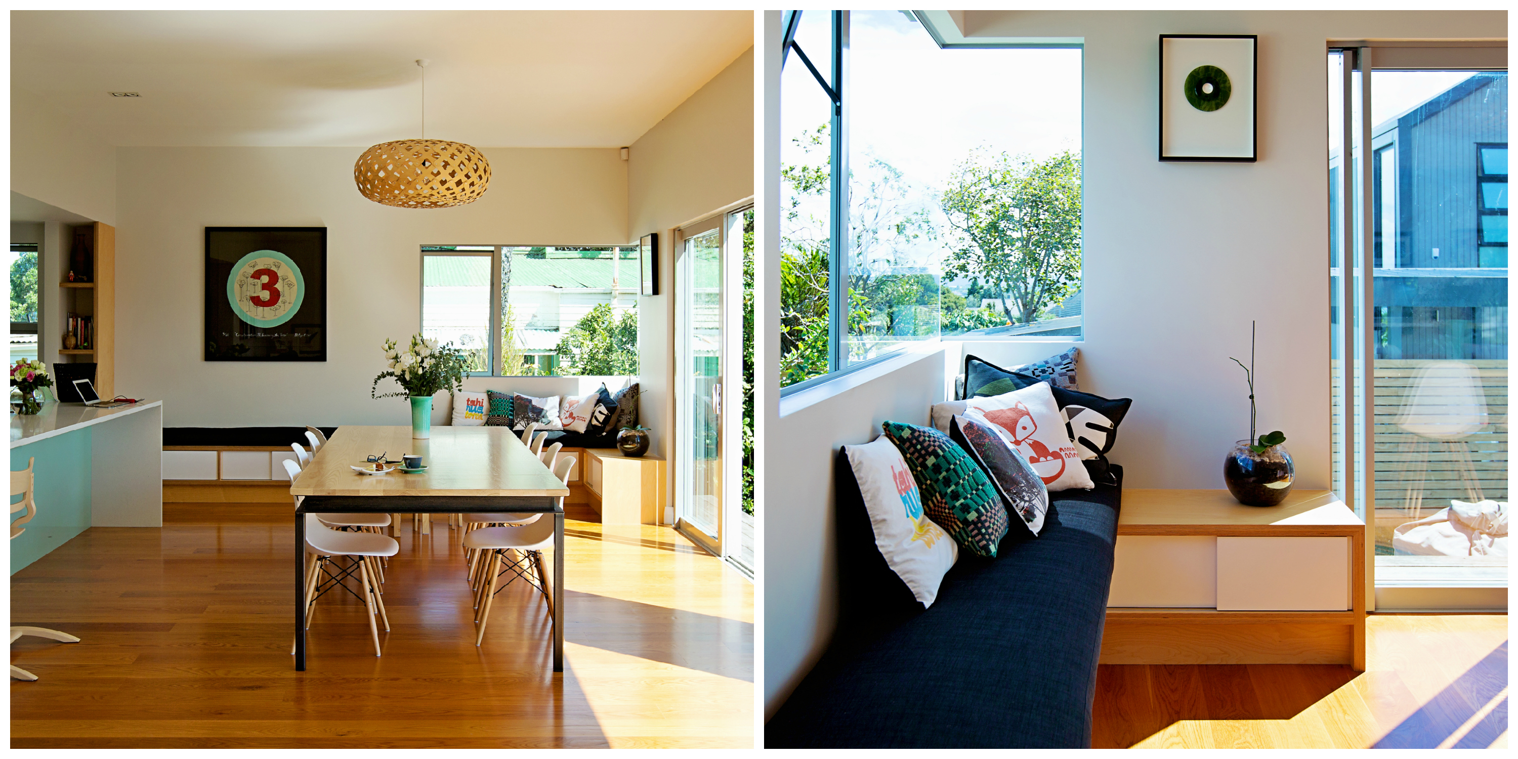 Along the back wall of this extension by Matter Architects is low, built-in storage that doubles as seating.